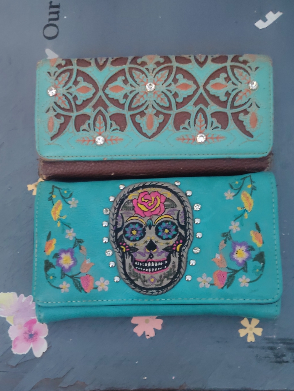 Montana West Turquoise Embroidered Sugar Skull Wallet